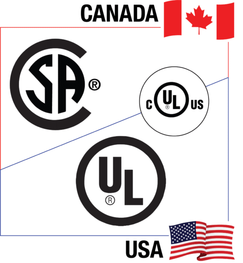 CSA and UL symbols show compliance with national safety standards.