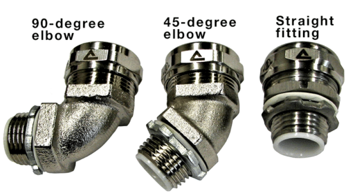 SEALTITE® fittings are shown in 90-degree elbow, 45-degree elbow and straight fittings to securely connect liquiid tight ANACONDA SEALTITE® flexible conduit.